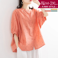 【艾美時尚】現貨 中大尺碼女裝 上衣 日系寬鬆波點棉麻五分袖襯衫。M-2XL(4色)
