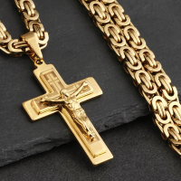 Stainless Steel Long Byzantine Chain Christian Crucifix Jesus Cross Pendants Necklaces for Men Relig