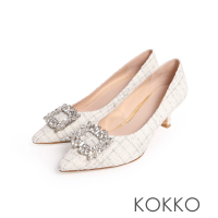 【KOKKO 集團】高級小香風方形鑲鑽飾釦毛呢高跟鞋(米色)