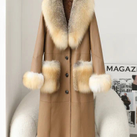 fur sheep fur integrated coat for women's long knee length 2023 winter high-end leather fur coat