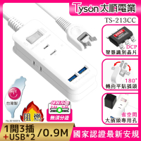 【Tyson 太順電業】213CC 2孔1切3座+雙USB充電延長線-0.9M(轉向平貼插座)