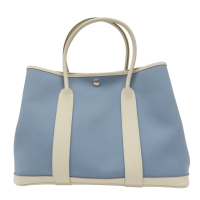 【二手名牌BRAND OFF】HERMES 愛馬仕 藍色帆布 白色牛皮飾邊 Garden party 36 手提包 T刻