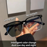 1pcs Photochromic Color Change Polygonal Frame for Women No Degree Regular Glasses Blue Film Glasses for Men Fashion Accessories