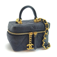 【CHANEL 香奈兒】黑色荔枝牛皮金鍊手提斜背迷你化妝箱包(展示品)