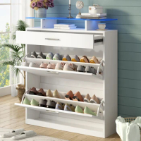 Slim Entryway Organizer with 2 Flip Drawers Tempered Glass Top Shoe Storage Cabinet Free Standing Shoe Rack W/LED Light White