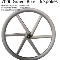 700C Carbon Gravel Road Bike Disc Brake Wheel 6 Spokes Clincher Disc Brake Bicycle Wheelset Center Lock 6 Bolts 12x100 12x142