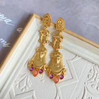 Baroque Age 9k 10K Real Gold Filled Emboss Enamel Portrait Long Big Ear Dangle Drop Chunky Earrings Rococo Retro Fine Jewelry