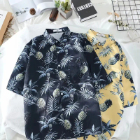 Short-sleeved shirt with pandan leaf and floral patterns in retro Korean style for women, versatile 