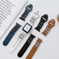 New leather spliced denim chain riveted strap for Apple Watch s8/7/6/5/4/3/2/SE strap High quality exquisite fashion watch strap
