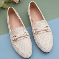 Spring Woman Loafers Flats Fenty Beauty Big Size Casual Pointed Toe Slip on Lady Bling Pearl Metal Decoration Korean Style Shoes