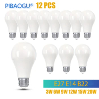 12PCS 3W 6W 9W 12W 15W 20W LED Light Bulb 110V B22 E27 E14 Base Super Bright LED Bulbs Easy to Install and Durable