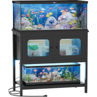 40 Gallon Fish Tank Stand with LED Light and Outlet, Metal Aquarium Stand with Cabinet and Accessories Storage,