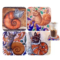 Absorbent Drink Coasters 4pcs Ceramic Coasters With Snail Cat Design Non-Slip Cork Base Vintage Cup Pads For Cafes Coffee Tables