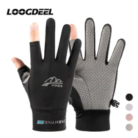 LOOGDEEL Two Finger Cut Ice Silk Cycling Gloves Anti-UV Sunscreen Lightweight Breathable Outdoor Sports Fishing Running Gloves