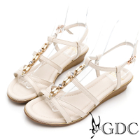 GDC-真皮幻彩寶石水鑽編織羅馬風楔型涼鞋-米色