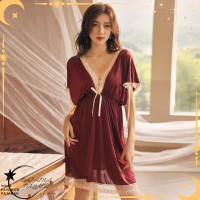 Big Size Jumbo Daster Baju Tidur Spandex Sutra V-Neck Lingerie Panjang Wanita  Dress Piyama Satin Si