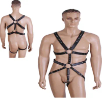 BDSM Men Gay Sexy Leather Harness PU Metal Rivet Bondage Adjustable Belt Gay Lingerie Fetish Body Chest Harness Nighclub Costume