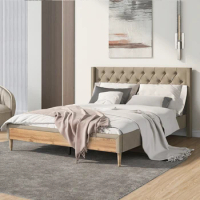 Upholstered Platform Bed with Rubber Wood Legs, No Box Spring Needed, Linen Fabric, Bed Frame Queen Size Beige