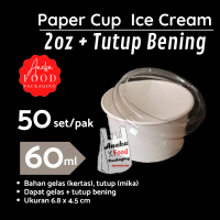 50pc- Paper cup 2oz gelas ice cream 60ml 1 scop tutup bening mika injection+sendok