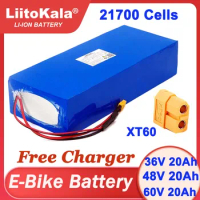 LiitoKala 36V 48V 60V 20Ah ebike battery 21700 Lithium Battery Pack For Electric bike Electric Scooter Free Charger 54.6V 67.2V