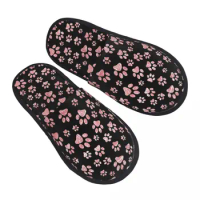 Custom Print Women Pink Dog Paw Parttern House Slippers Cozy Warm Memory Foam Fluffy Slipper Indoor Outdoor Shoes