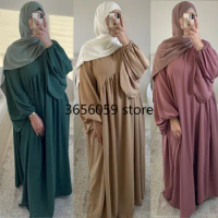 Ramadan Loose Abaya Dubai Turkey Ice Silk Wrinkle Muslim Hijab Dress Plain Abayas for Women African Islam Prayer Clothing Kaftan