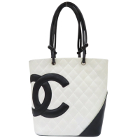 【二手名牌BRAND OFF】CHANEL 香奈兒 白色 黑色 皮革 Cambon 康朋 肩背包 (無卡)