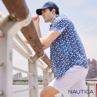 Nautica 男裝 夏日吸濕排汗花卉圖騰短袖襯衫-藍色