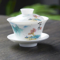 Hand Drawn White China Gaiwan Tea Mugs Cover Bowl Tea Cups Chinese Porcelain Gaiwan Jingde Town Chawanmushi Bowl With Lid Cup