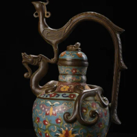 11"Tibet Temple Collection Old Bronze Cloisonne Enamel Dragon Phoenix Pot Bat pattern Flagon Teapot Amass wealth Ornaments