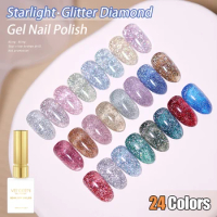 Vendeeni 24 Colors Glitter Broken Diamond Gel Nail Polish Flash Reflective Nail Art Gel Varnish UV LED Soak Off Gel Lacquer 15ml