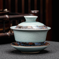 哥窯功夫茶具三才碗家用茶碗單個不燙手陶瓷開片可養錦鯉陶瓷蓋碗