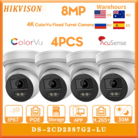 4PCS HIK 4K 8MP DS-2CD2387G2-LU ColorVu Acusense Turret IP Camera Built-in Mic SD Card slot Face Capture Surveillance IP Camera