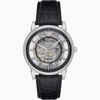 【EMPORIO ARMANI】ARMANI手錶型號AR00073(機械鏤空錶面銀錶殼深黑色真皮皮革錶帶款)