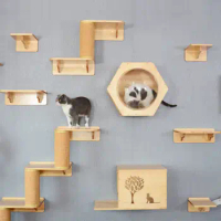 Wall-mounted Cat climbing Frame Cat Tree Solid Wood Hexagon Space Capsule Cat Wall Springboard House Ladder Pet Furniture set