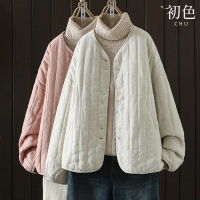 【初色】純色復古休閒寬鬆輕薄保暖棉圓領長袖外套-共2色-32380(L-2XL可選)