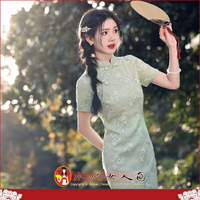 【水水女人國】～清新文青風～小綠。復古日常雪紡亮絲繡花民國風經典改良式時尚修身超顯瘦少女旗袍洋裝