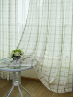 麻紗紗簾綠格子窗簾地中海清倉處理遮光輕薄薄款不透窗紗短款布料