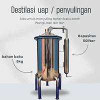Destilasi uap / penyulingan bahan baku sereh wangi, daun cengkeh, nilam dan lainya kapasitas 50Liter