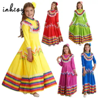 Child Girls Mexican Costume Jalisco Traditional Folk Dancer Dress National Mexico Style Festival Carnival Folklorico Dance Dress