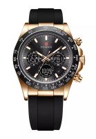 LIGE FOXBOX 計時儀中性IP玫瑰金和不銹鋼石英手錶, 黑色錶盤，橡膠錶帶