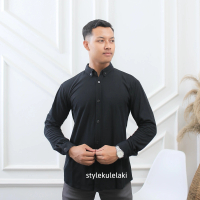 Kemeja Polos Formal Pria Lengan Panjang Kemeja Pria Slimfit Warna Hitam Bahan Lacoste Pique
