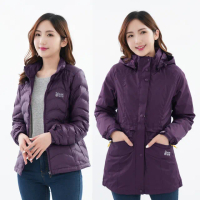 【遊遍天下】女款中長版二件式GlobeTex防水透濕外套+無車縫羽絨外套 深紫(保暖蓄熱 登山 M-3L)