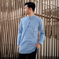 Baju Koko Kemeja Pria Kurta Pakistan Baju Muslim Oxford Biru Muda - Biru Muda, M
