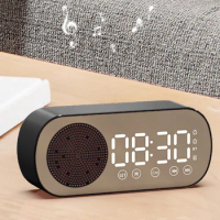 Digital Alarm Clock Bluetooth 5.0 Speaker LED Display Mirror Desk Alarm Clock Support TF Card Play with USB Charging Port