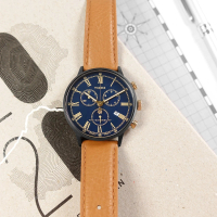 【TIMEX】三眼計時 復古潮流 日期 礦石強化玻璃 真皮手錶 藍x黑框x棕 40mm(TXTW2U88200)