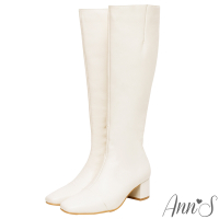 Ann’S優雅名媛收藏-全真皮顯瘦粗跟及膝長靴-米白(版型偏小)