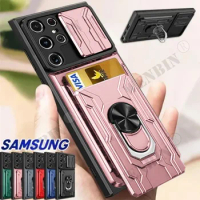 Case For Samsung Galaxy S24 S23 Ultra Plus FE A5 A54 A35 A15 Slide Stand Ring 360 Magnetic Camera Military Grade Card Slot Cover