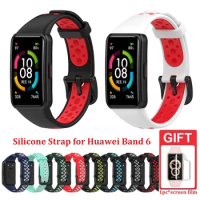 Breathable Silicone Strap for Huawei Band 6/Honor Band 6 Wristband Replacement Bracelet Strap with Screen Film