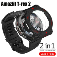 2-in-1 For Amazfit T-REX 2 Case + Screen Protector PC Hard Protective Cover Bumper T rex 2 Tempered Glass Film